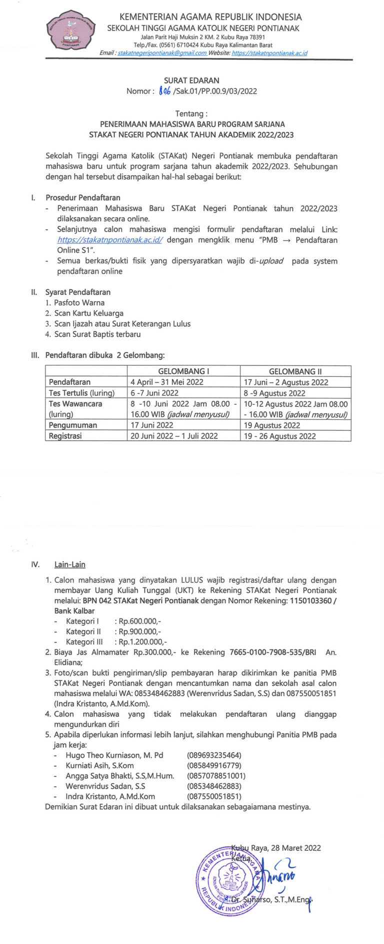 Penerimaan Mahasiswa Baru Program Sarjana STAKat Negeri Pontianak Tahun Akademik 2022/2023